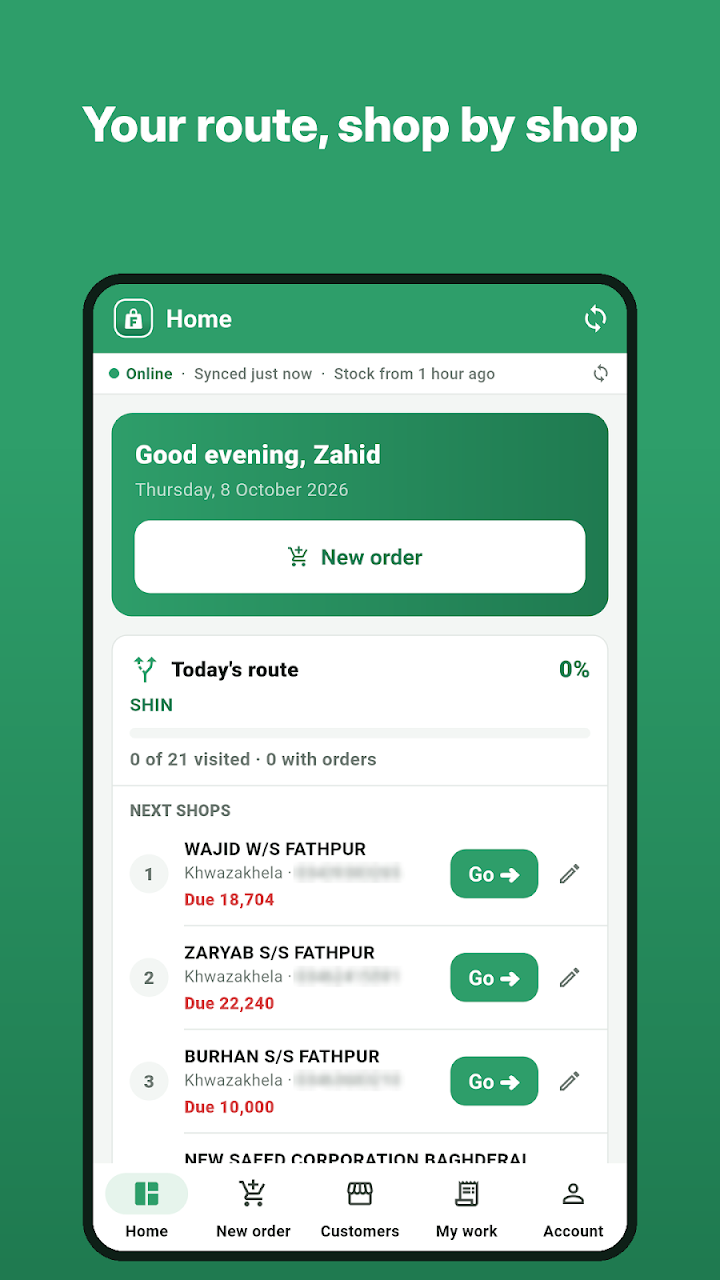 Order booker app: today's route, shop by shop, with dues