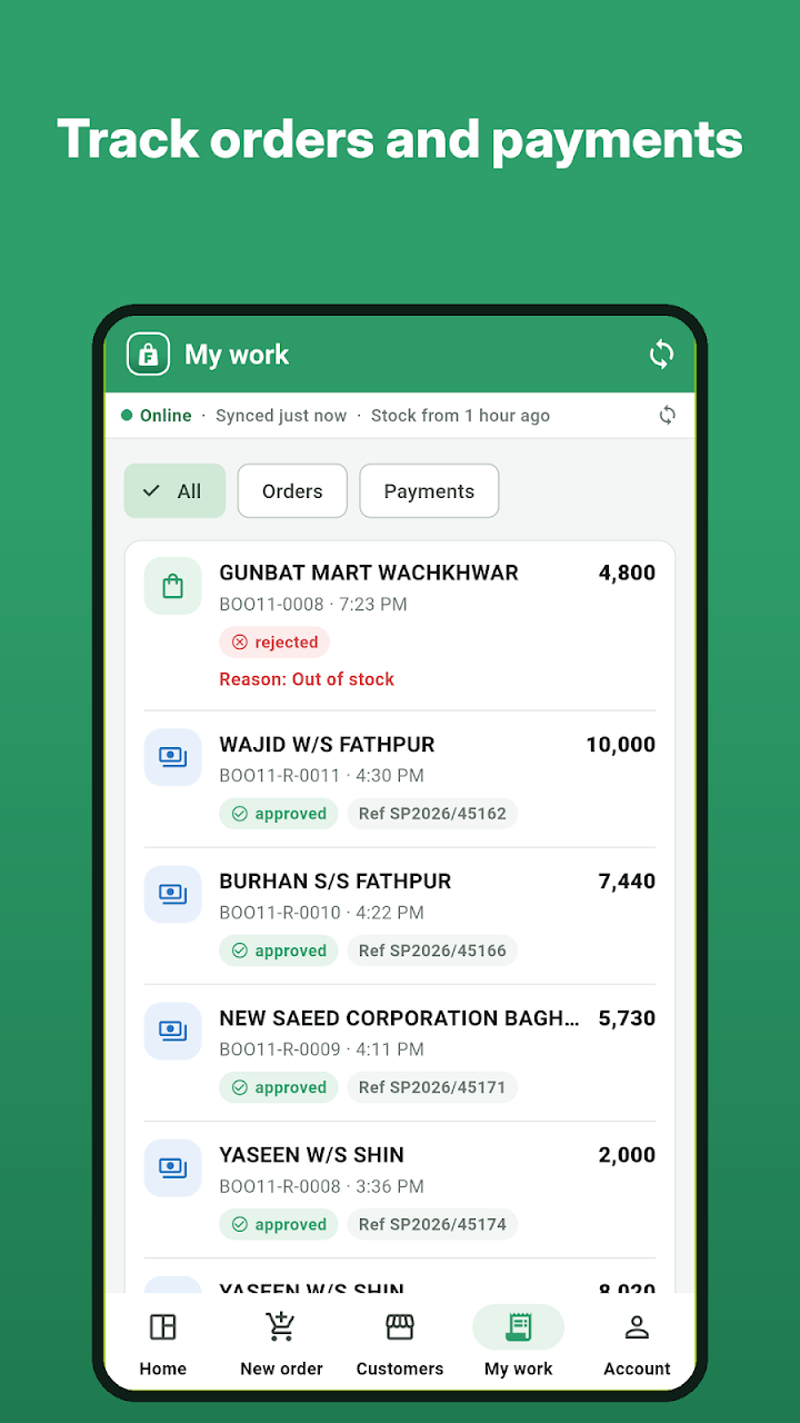 Order booker app: track orders and payments sent to the office