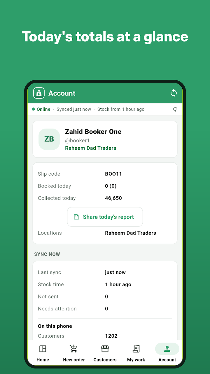 Order booker app: today's totals at a glance
